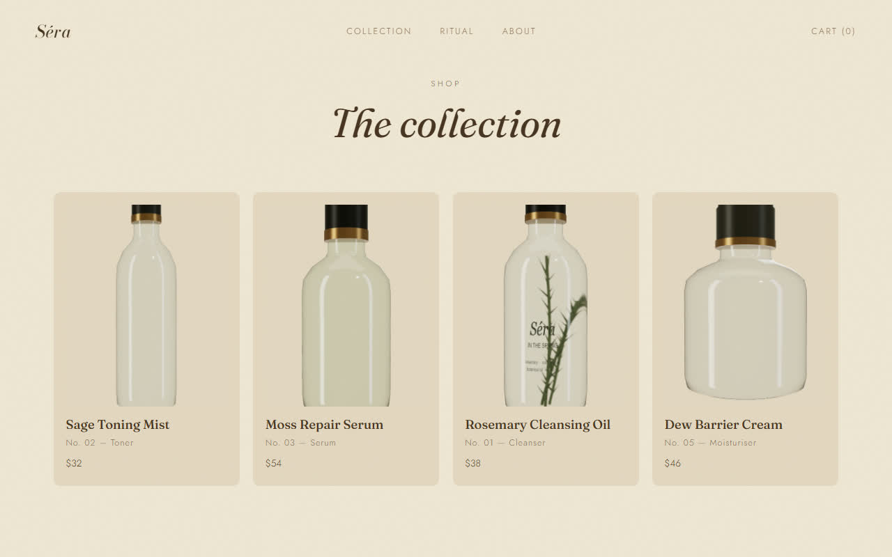 Séra product collection grid rendered from the live 3D scene