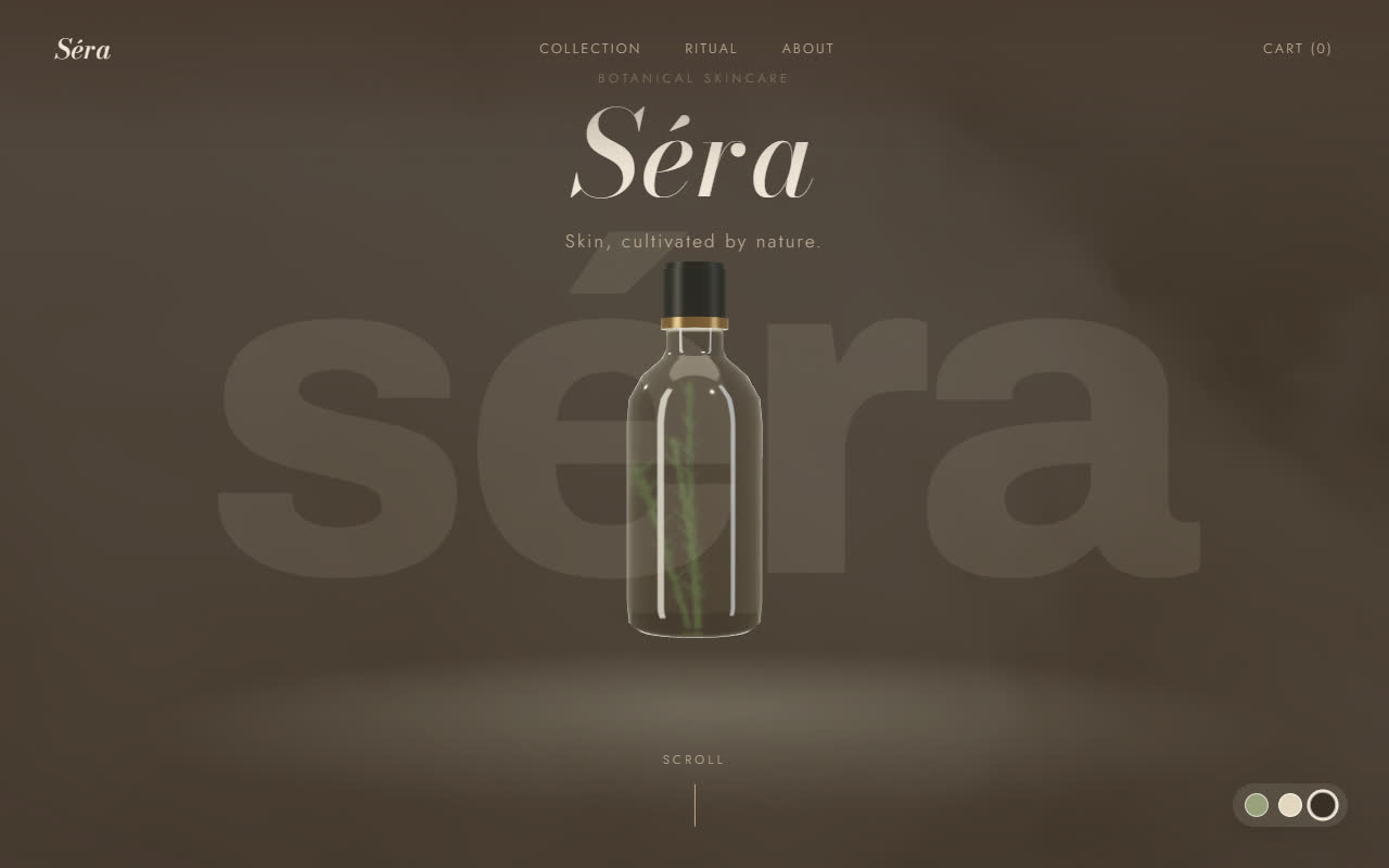 Séra hero — a 3D glass bottle floating over a sage background with the brand wordmark