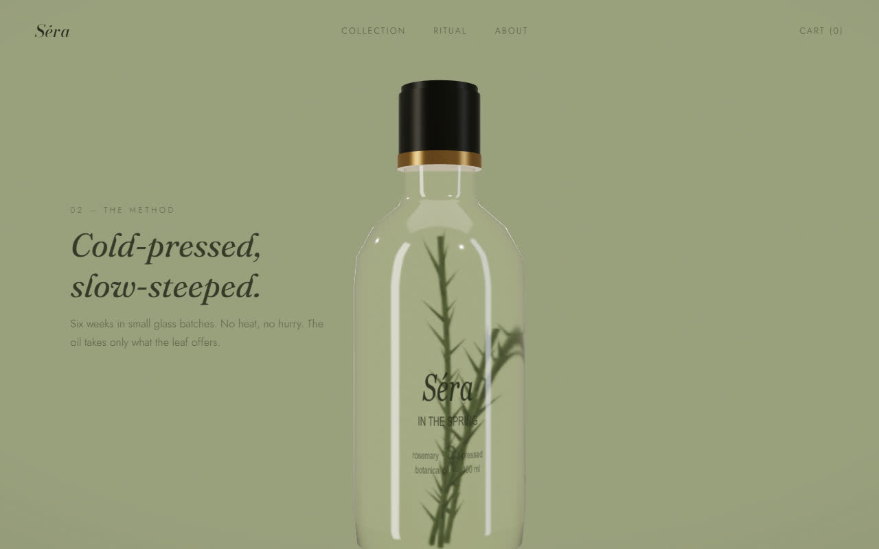 Close-up of the Séra bottle with the botanical sprig visible inside